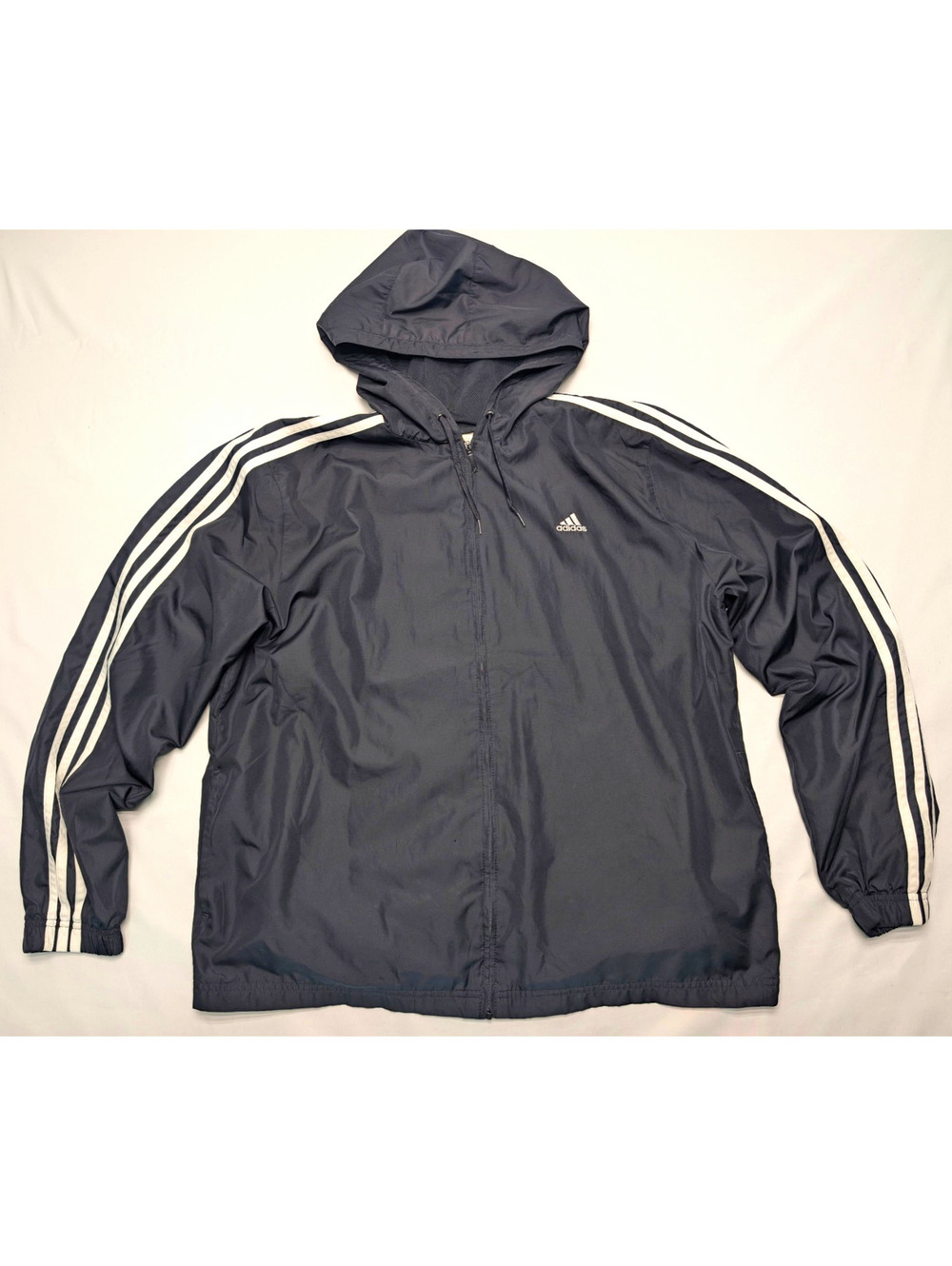VTG 2006 adidas Hooded Full Zip Windbreaker Jacket Black 3 Stripes Y2K Sz XL